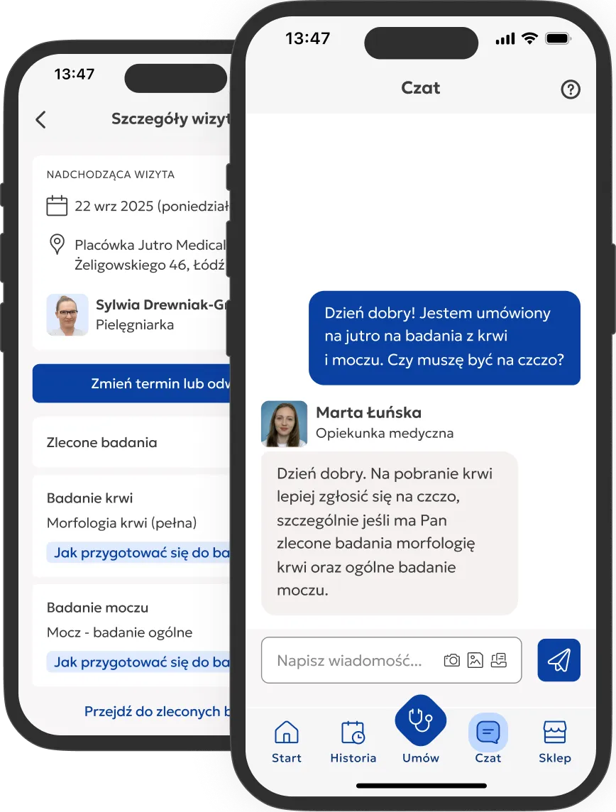 Dwa ekrany telefonów. Jeden przedstawia nadchodzącą wizytę, na której zaplanowane jest pobranie krwi. Drugi ekran przedstawia czat z opiekunem medycznym wyjaśniającym jak przygotować się na badanie.