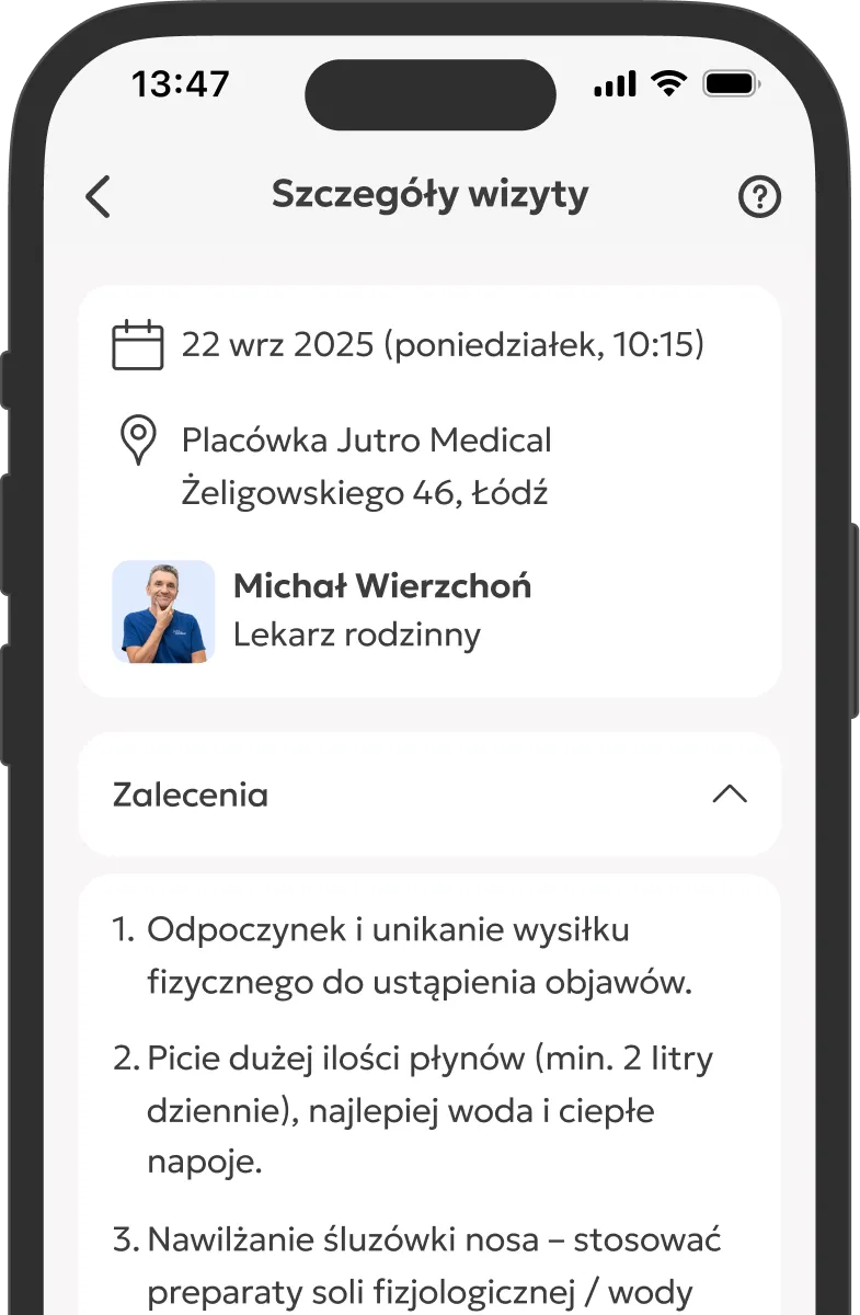 Ekran aplikacji z widocznymi szczegółami wizyty i zaleceniami lekarskimi